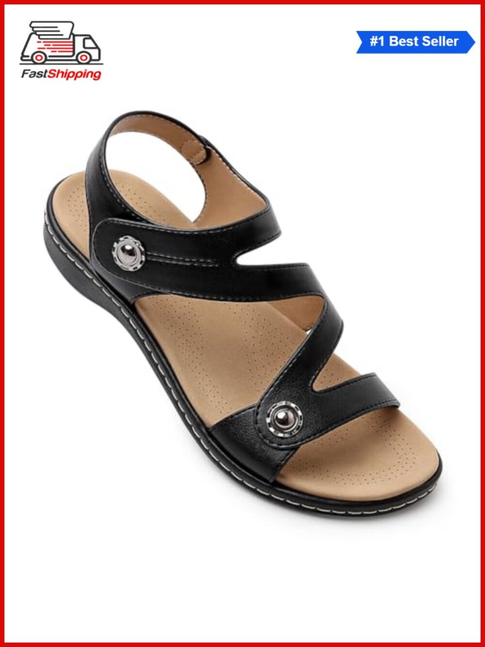 Women's Strappy Flat Sandals with Arch Support Orthopedic Faux Leather Comfort